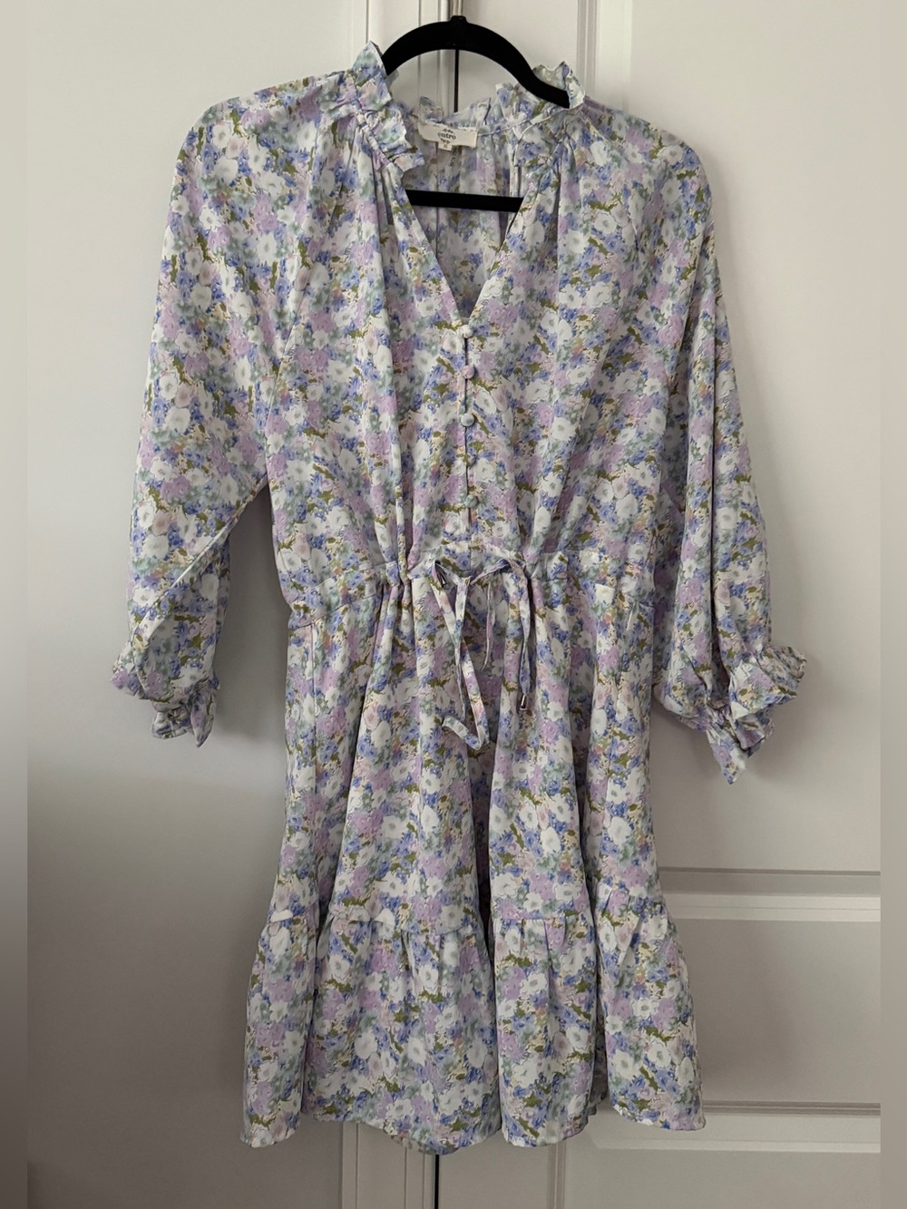 Entro Floral Ruffle Tie-Waist Mini Dress in Lavender